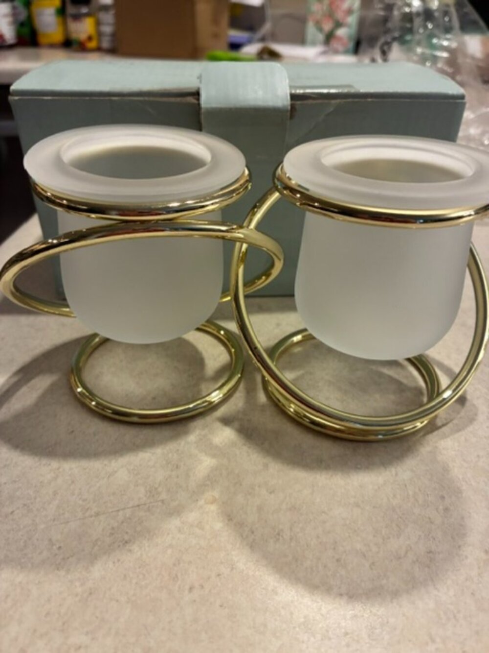NIB PartyLite Gemini 2 Frosted Votive Candle Holder w/Interlocking Gold Rings